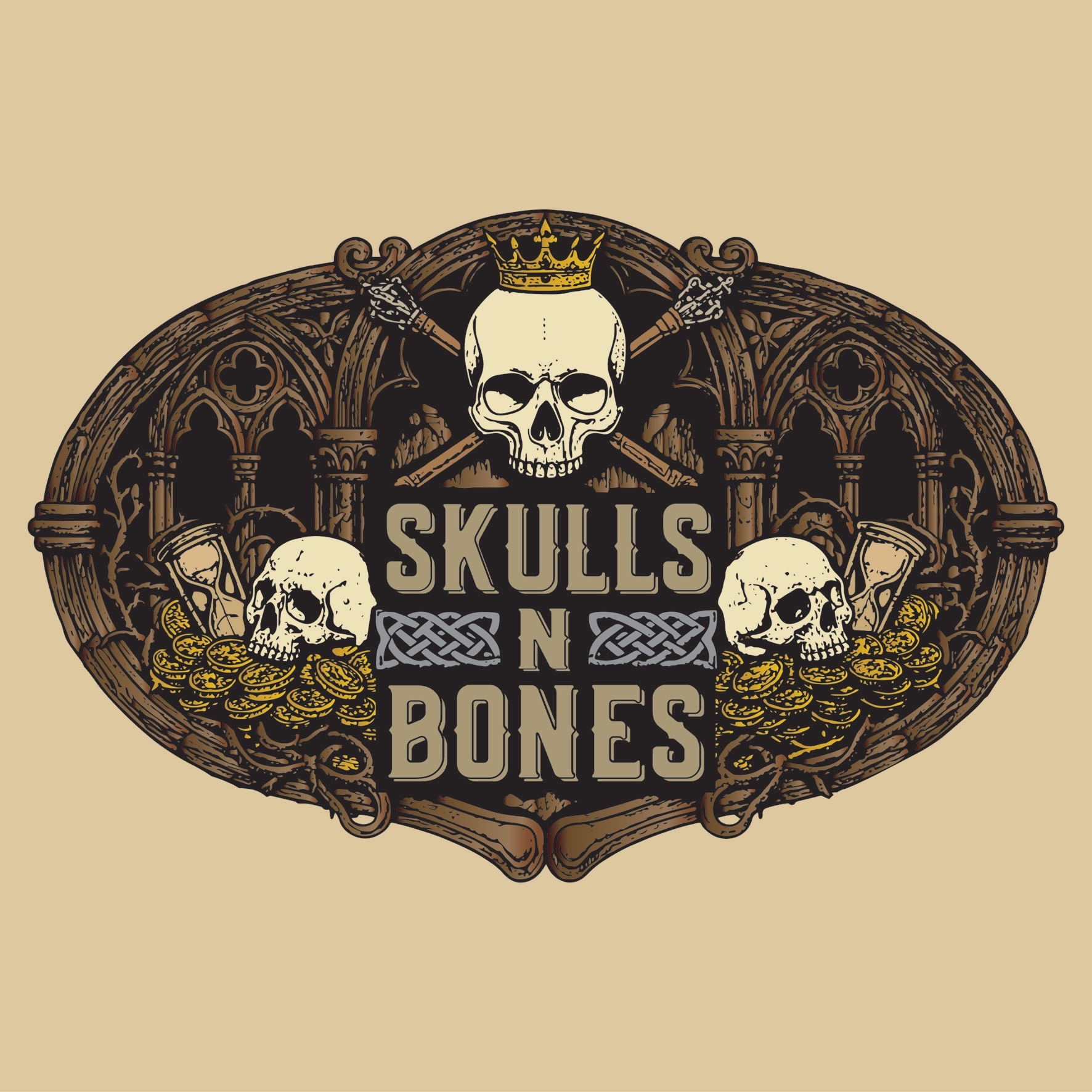 Skulls N Bones ornate crest with skulls, crown, and gold coins