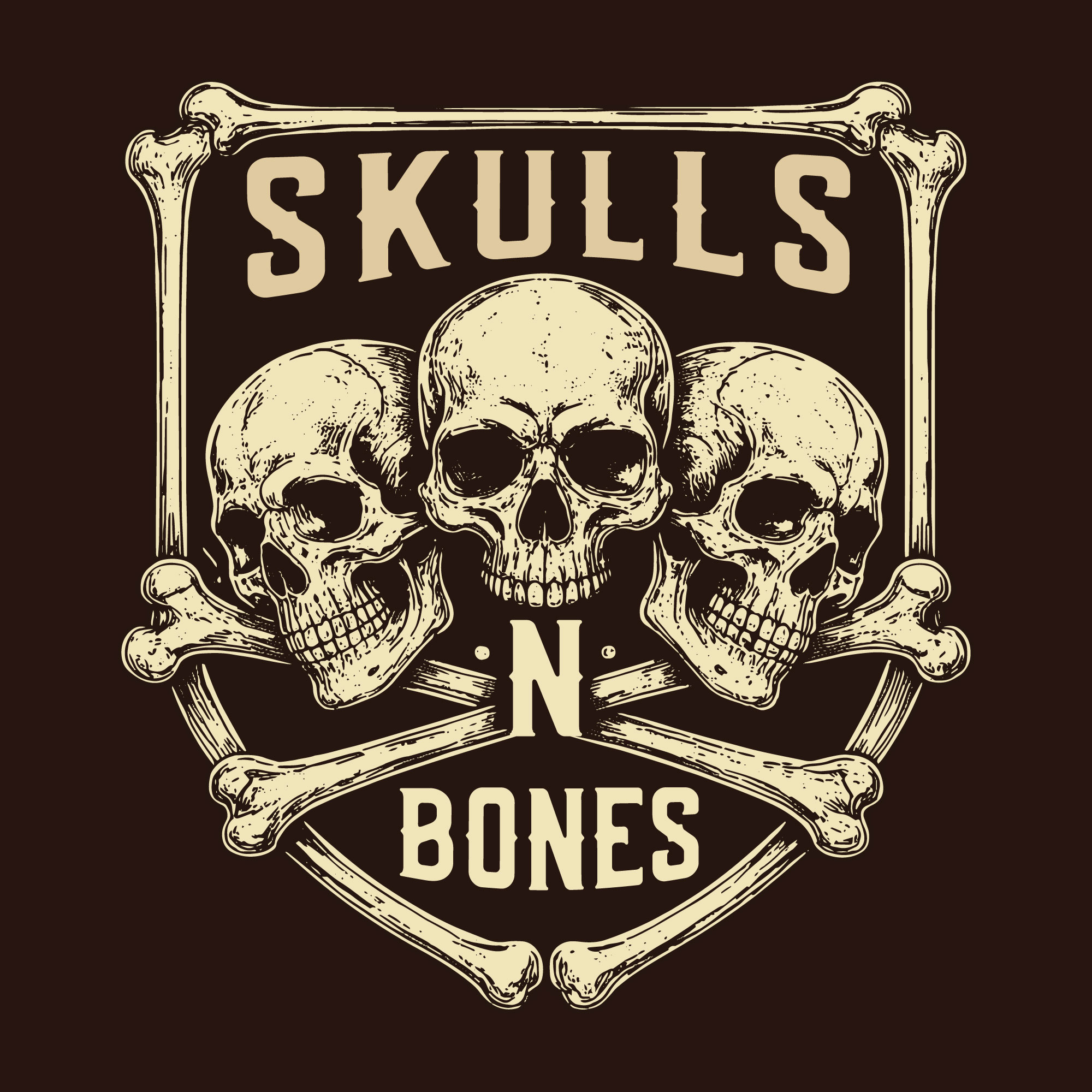 Skulls N Bones artwork with three skulls and crossed bones
